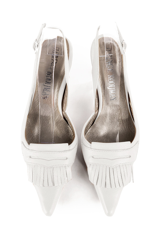 Women's pure white slingback dress shoes. Pointed toe. High spool heels - Top view